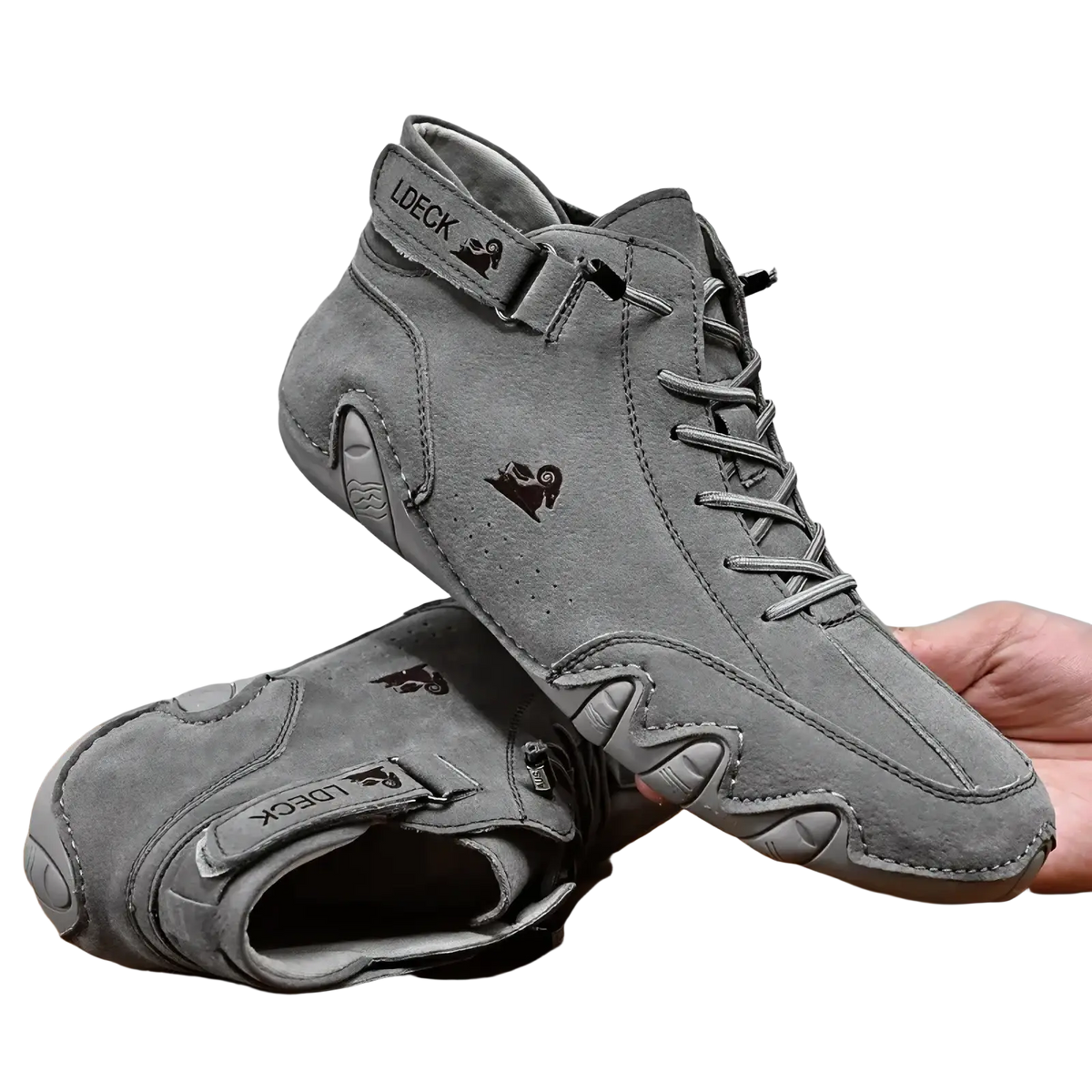 Men high top leather casual sneakers in gray suede with black laces and a subtle ram logo on the side