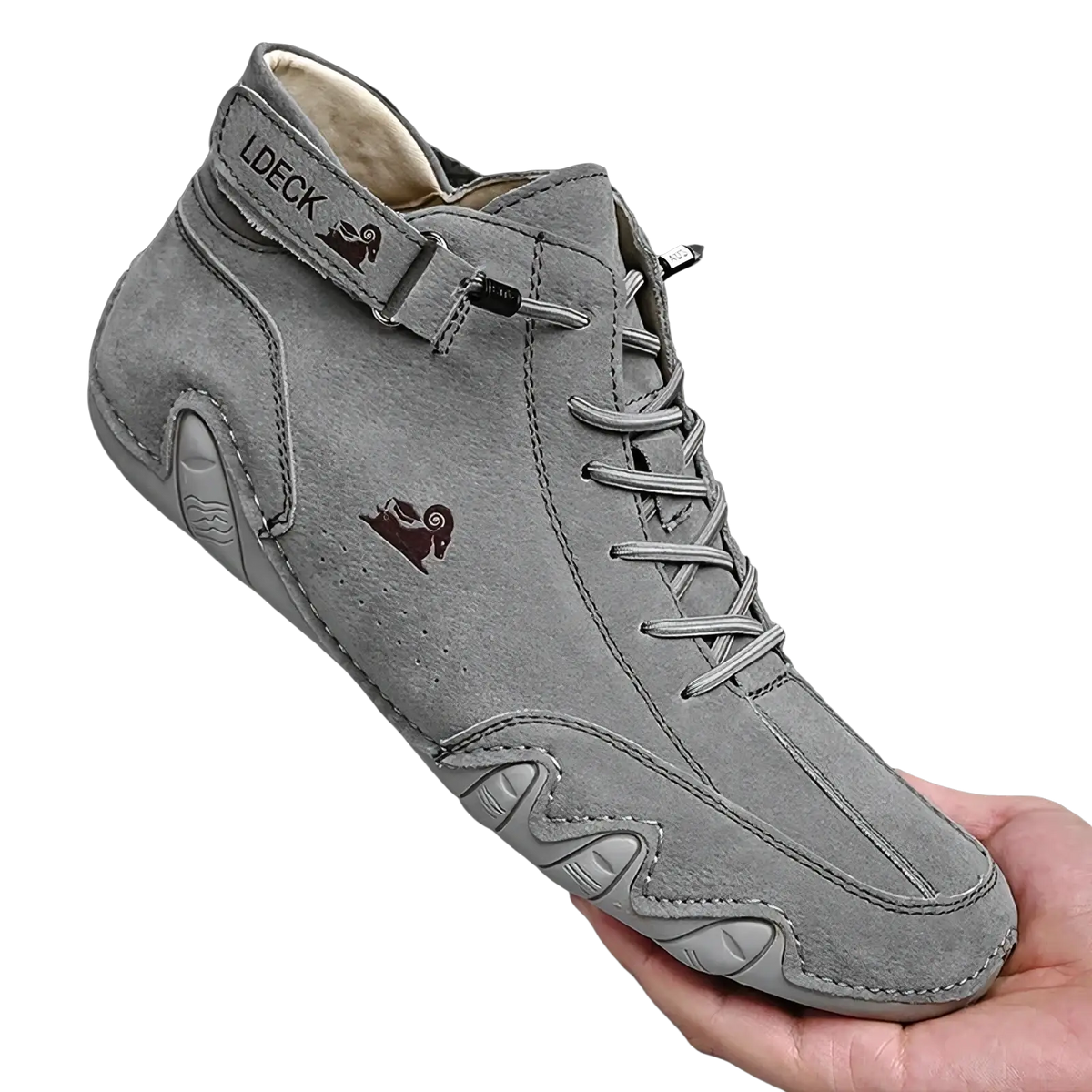 Men high top leather casual sneaker in gray suede with ram logo black laces and textured rubber sole