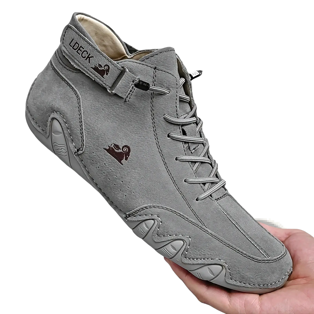 Men high top leather casual sneaker in gray suede with ram logo black laces and textured rubber sole