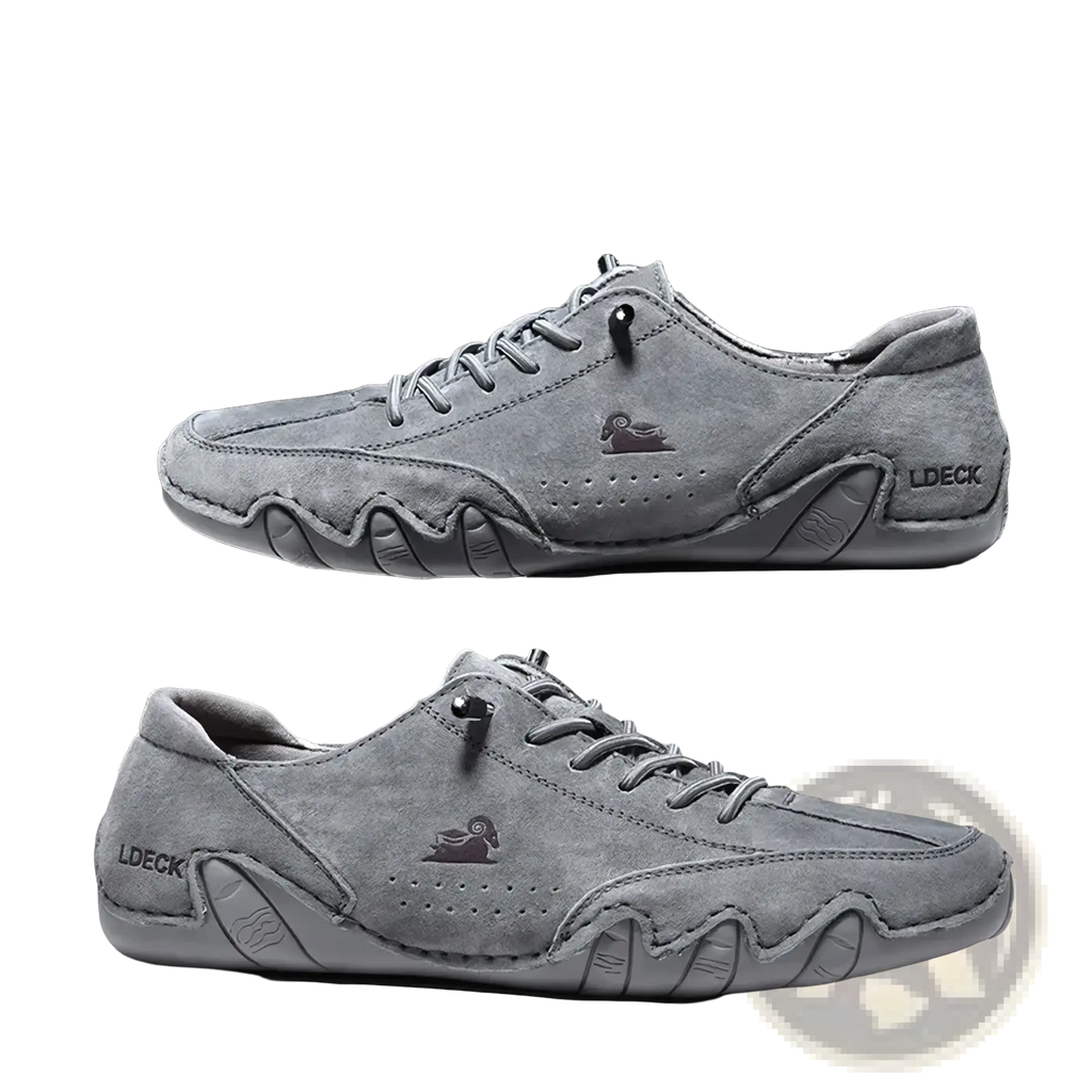 Men high top leather casual sneakers in gray suede with textured wave pattern sole and subtle branding