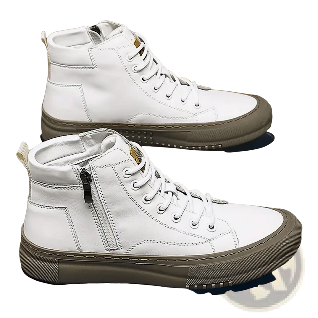 Men high top sneakers casual walking shoes in white leather with matte gray rubber sole and white laces