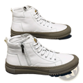 Men high top sneakers casual walking shoes in white leather with matte gray rubber sole and white laces