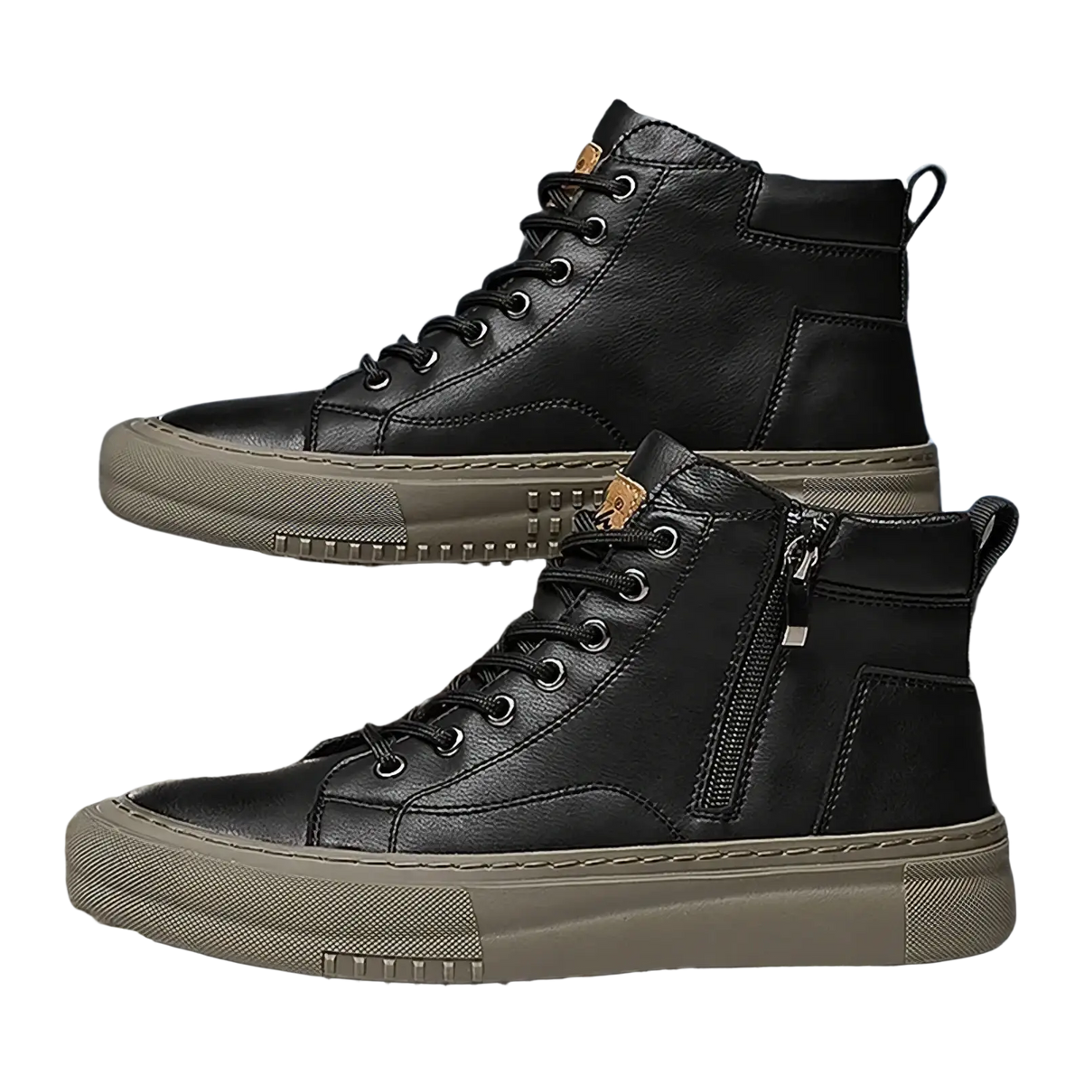Men high top sneakers casual walking shoes black leather with matte finish and olive green textured rubber soles