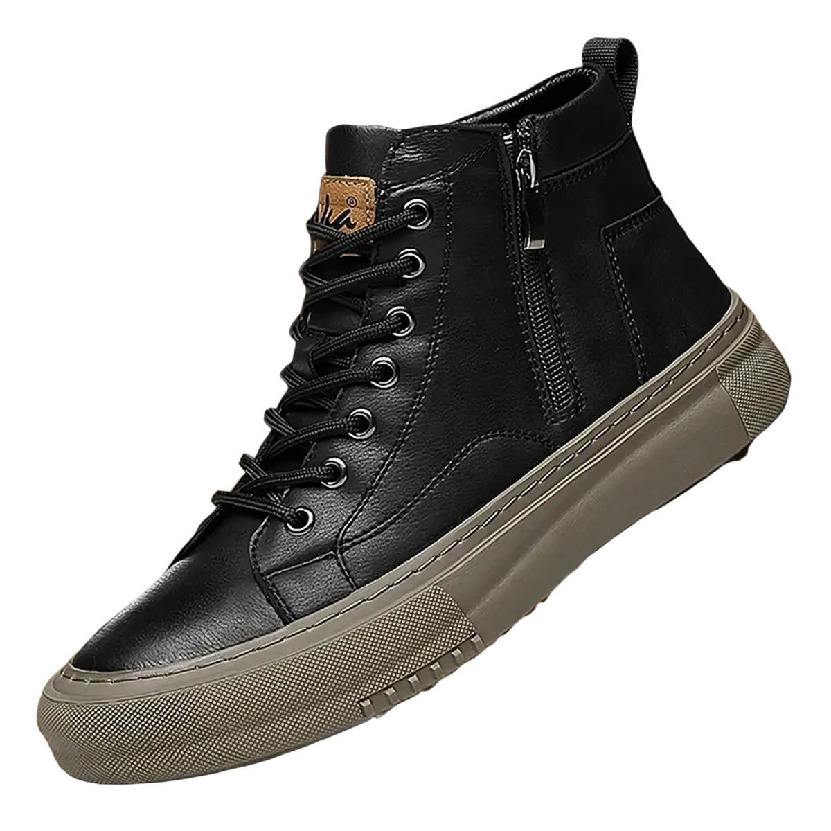 Men high top sneakers casual walking shoes made of black leather with gray rubber sole and black laces