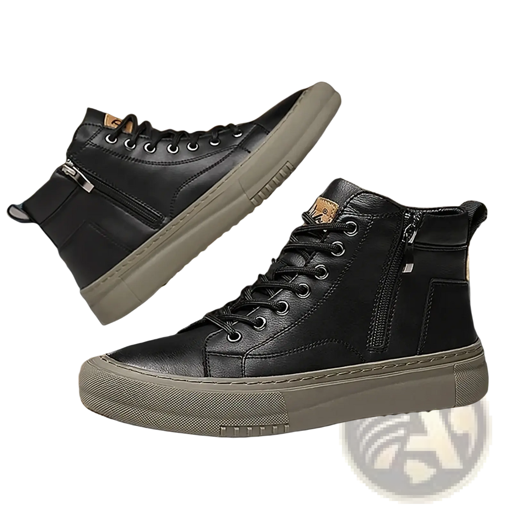 Men high top sneakers casual walking shoes in black leather with matte finish gray rubber soles and side zippers