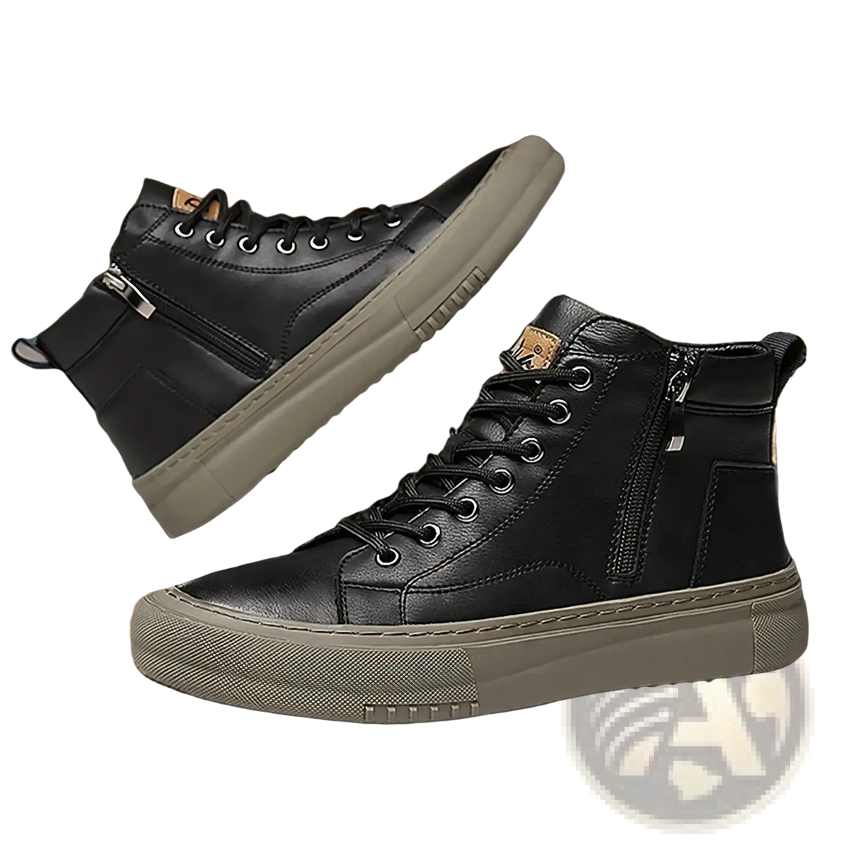 Men high top sneakers casual walking shoes in black leather with matte finish gray rubber soles and side zippers