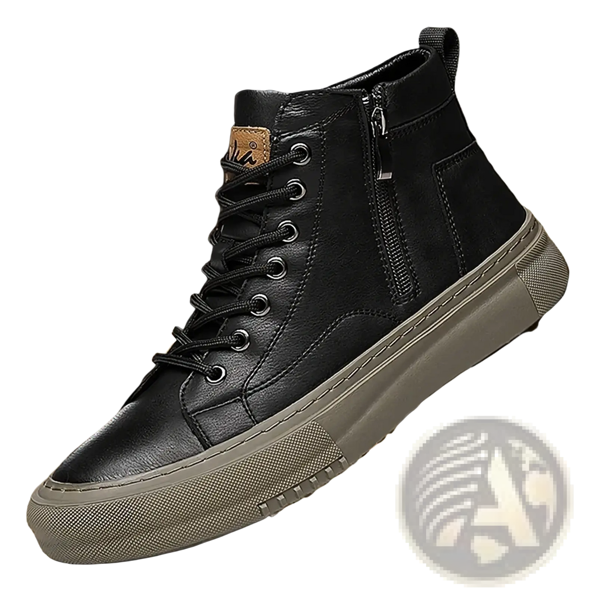 Men high top sneakers casual walking shoes made of black leather with gray rubber sole and black laces