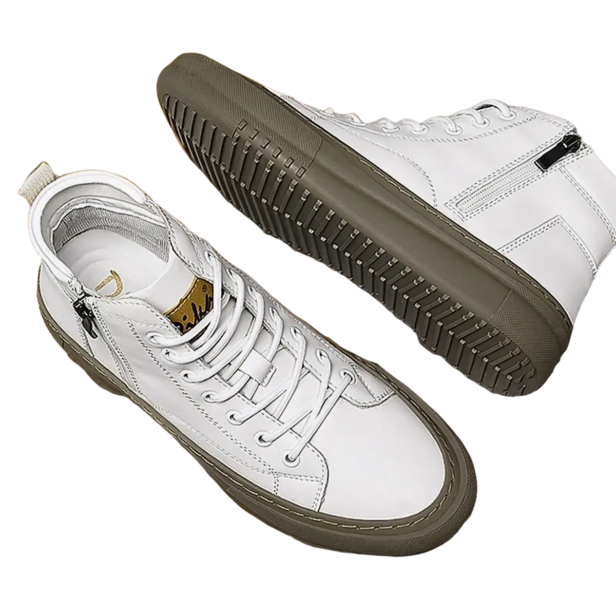 Men high top sneakers casual walking shoes with sleek white leather upper and contrasting gray rubber sole and laces
