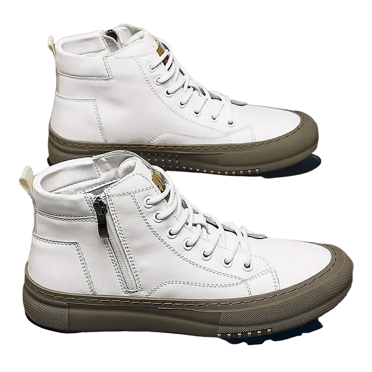 Men high top sneakers casual walking shoes in white leather with matte gray rubber sole and white laces