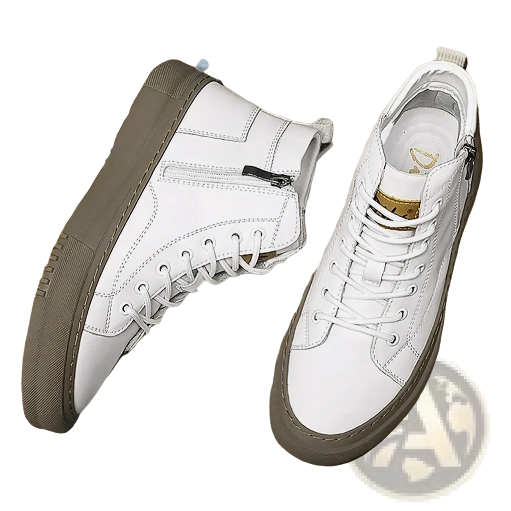 Men high top sneakers casual walking shoes in white matte finish with gray rubber soles and gold zipper accents