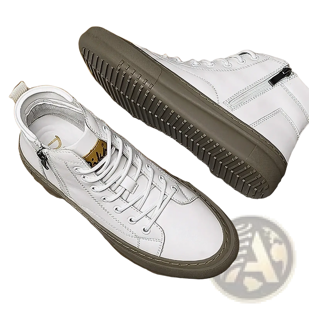 Men high top sneakers casual walking shoes with sleek white leather upper and contrasting gray rubber sole and laces
