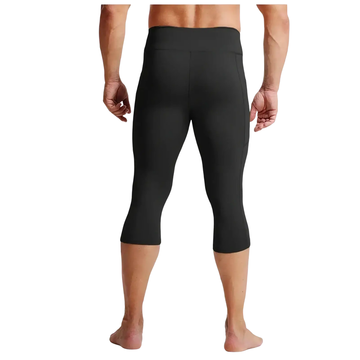 Men high waist black compression capri tights with form fitting design and subtle side pockets for support and comfort