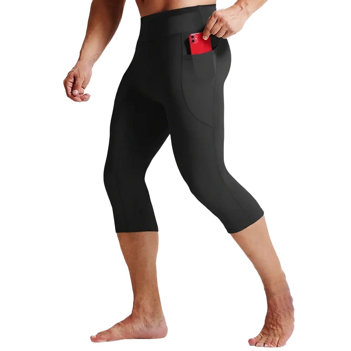 Men high waist compression black capri tights with side pocket holding a red phone for secure storage