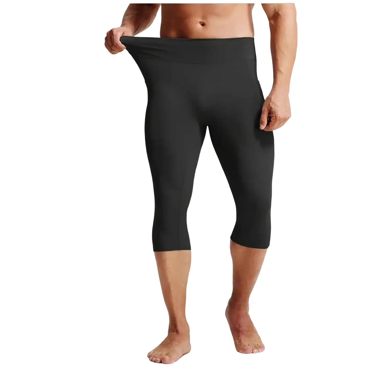Black form-fitting high waist compression capri tights made of stretchy fabric for men