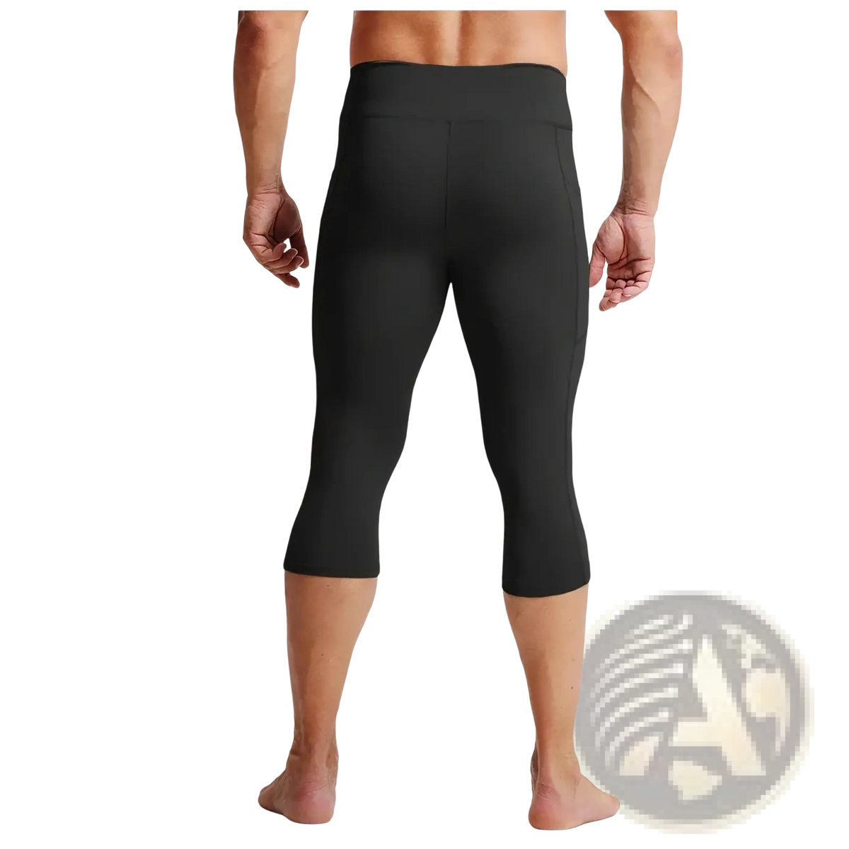 Men high waist compression capri tights in black with a sleek form fitting design shown from the back side