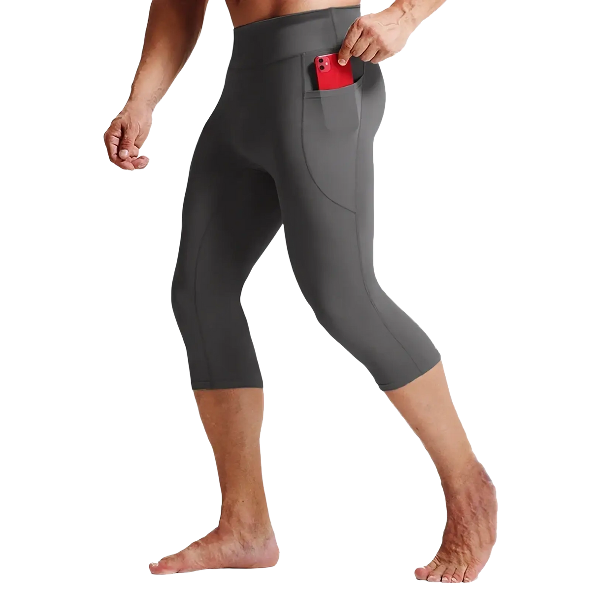 Men high waist compression capri tights in dark gray with a side pocket holding a red phone for active use