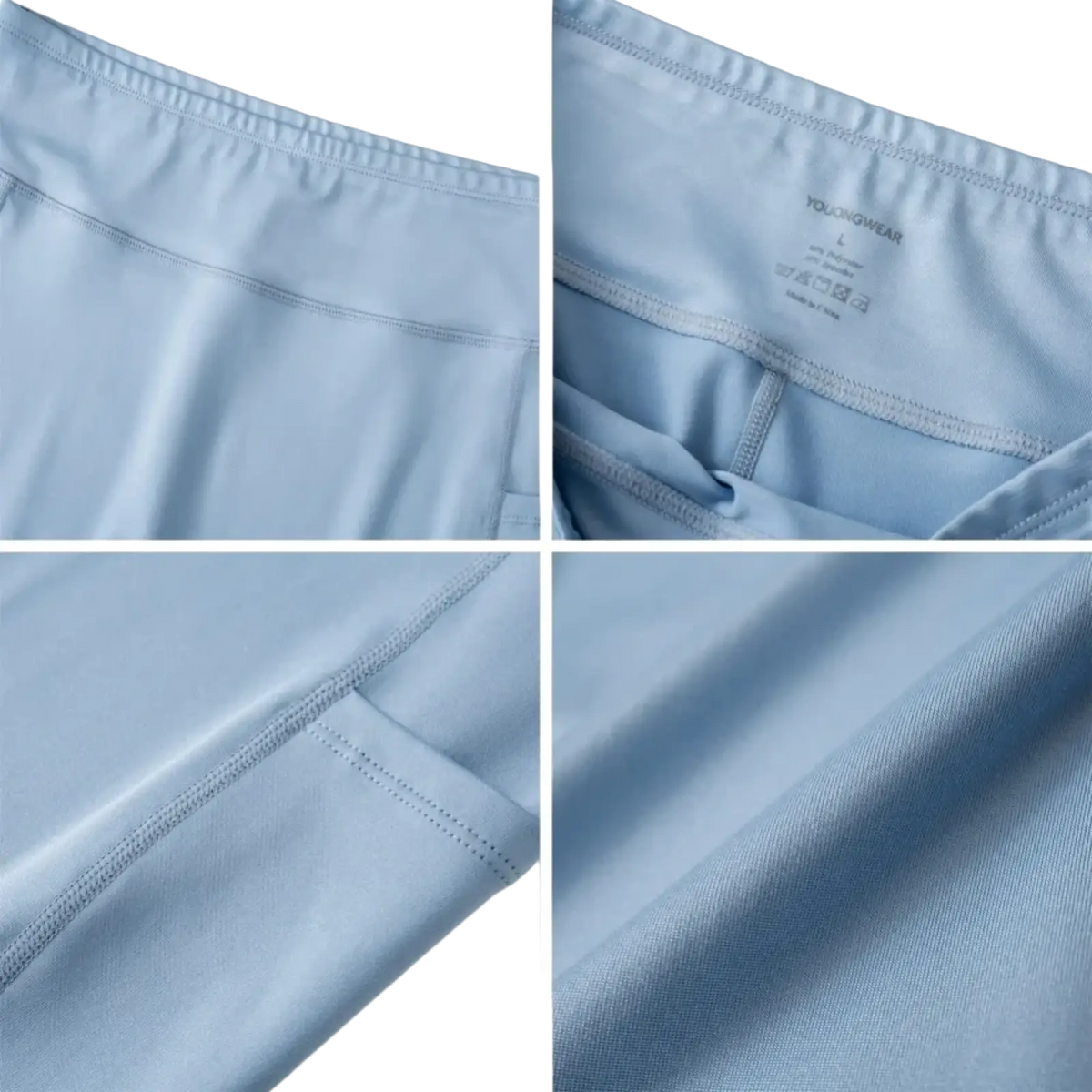 Men high waist compression capri tights in light blue stretchy fabric with smooth texture and subtle stitching details