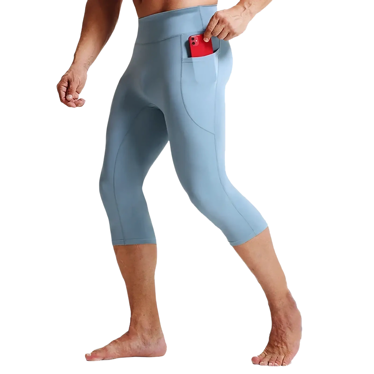 Men high waist compression light blue capri tights with side pocket holding a red phone for activewear use