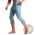 Men high waist compression light blue capri leggings with side pocket holding a red phone for active wear