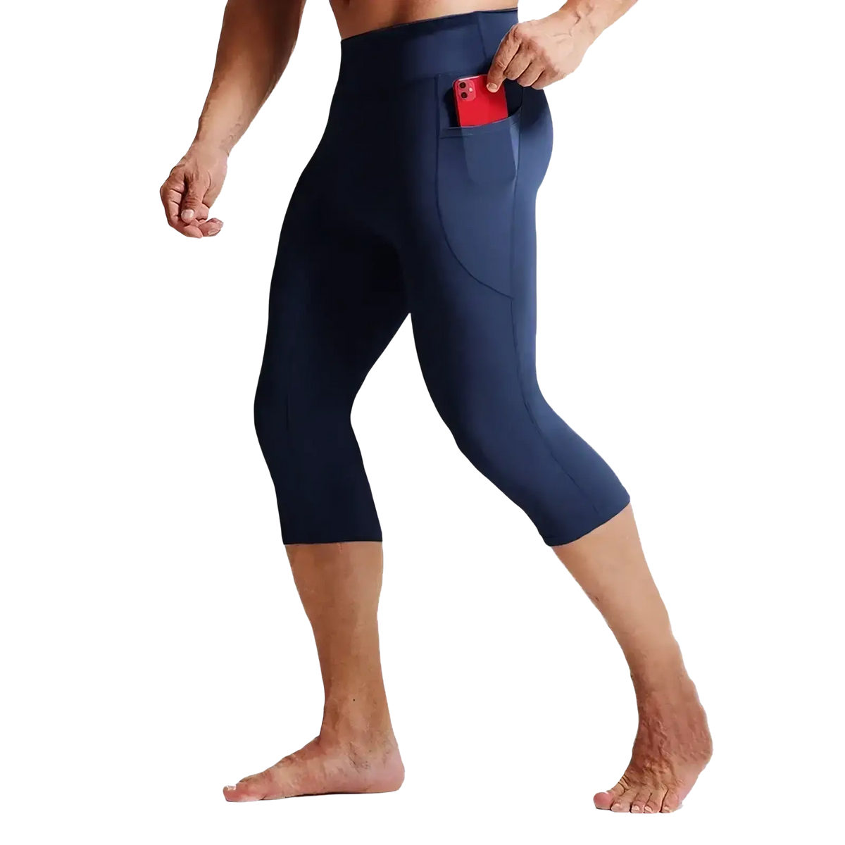 Men high waist navy blue compression capri tights with side pocket holding red phone for active use