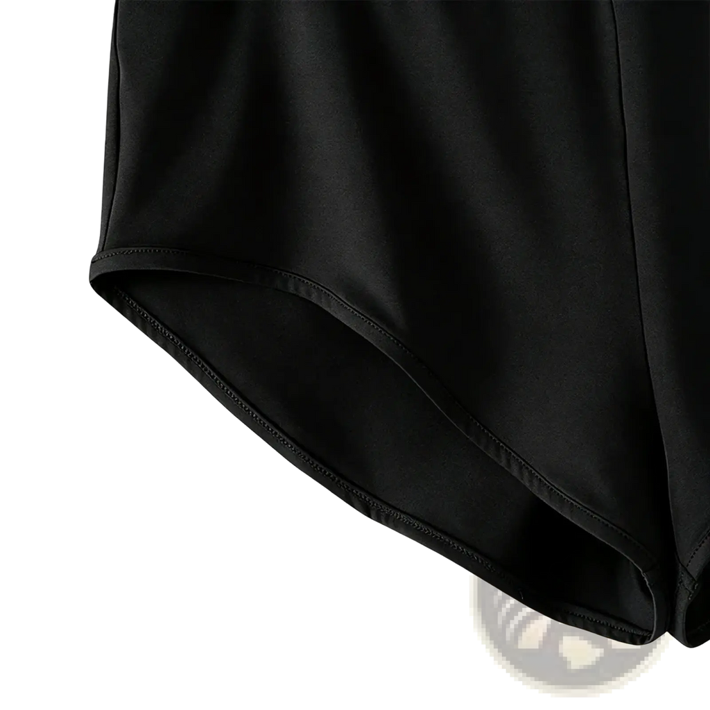 Men high waist satin sport briefs in black with a smooth glossy finish and neatly stitched hem shown from the back