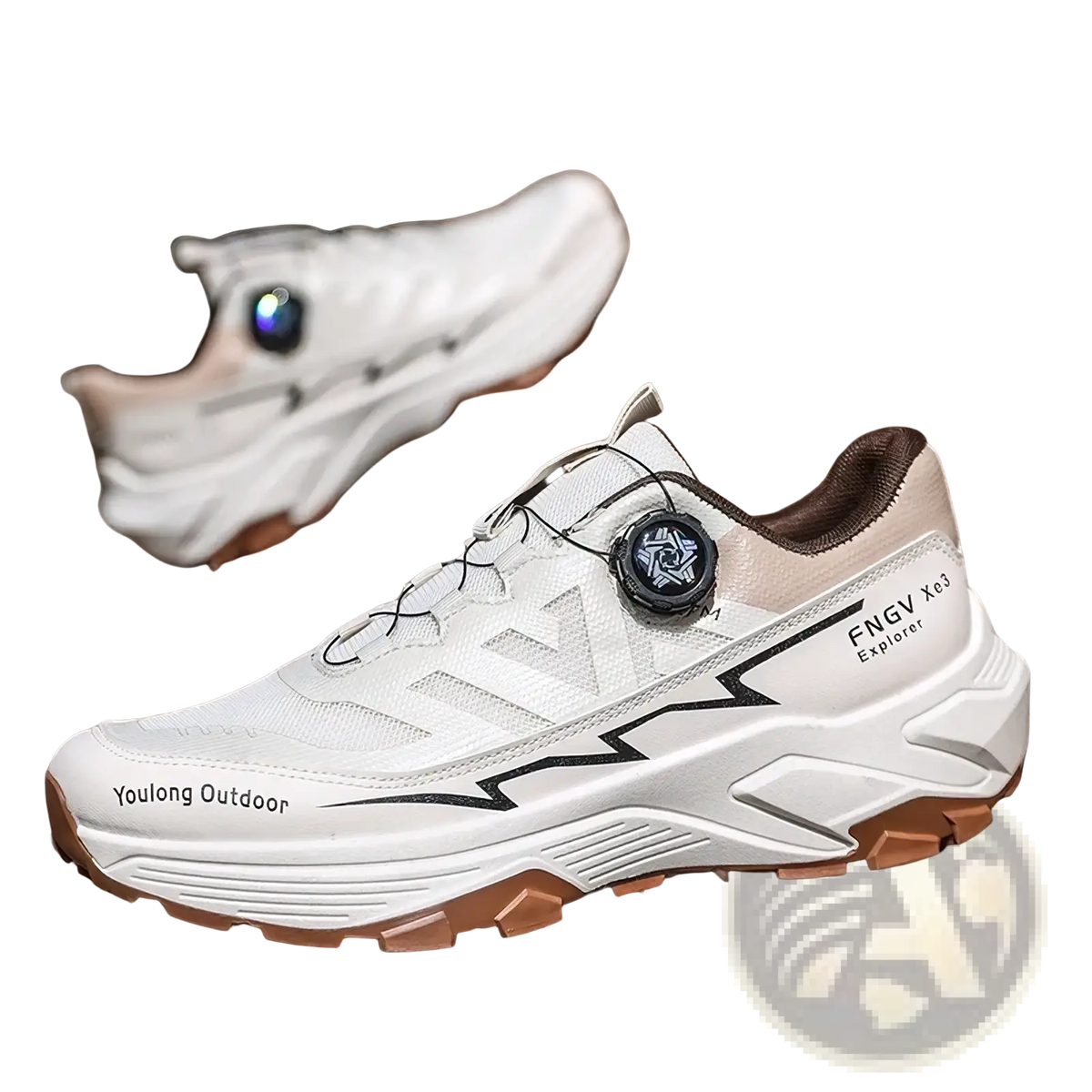 Men hiking shoes waterproof lightweight trekking sneakers in white and brown with black lightning bolt and boa lacing system