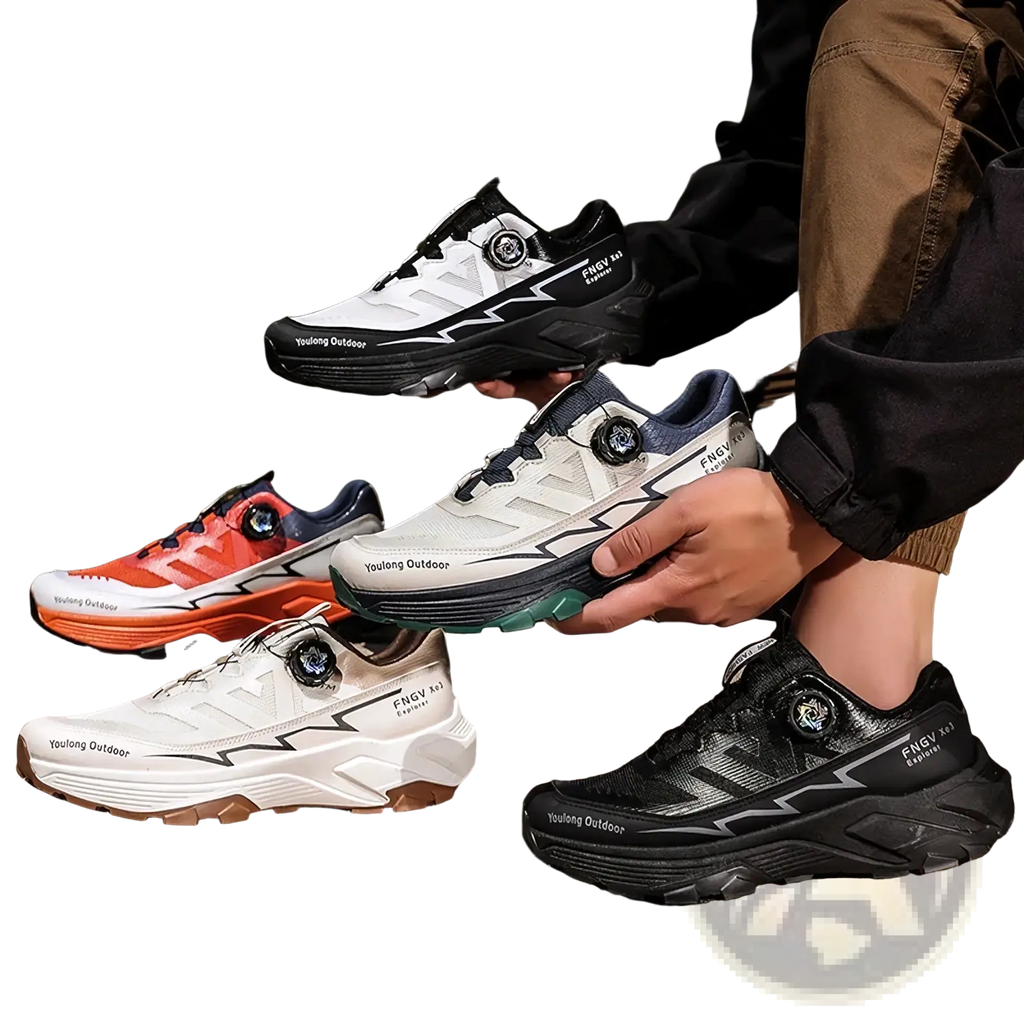 Black and white men hiking shoes waterproof lightweight trekking sneakers with a distinctive circular buckle on the side