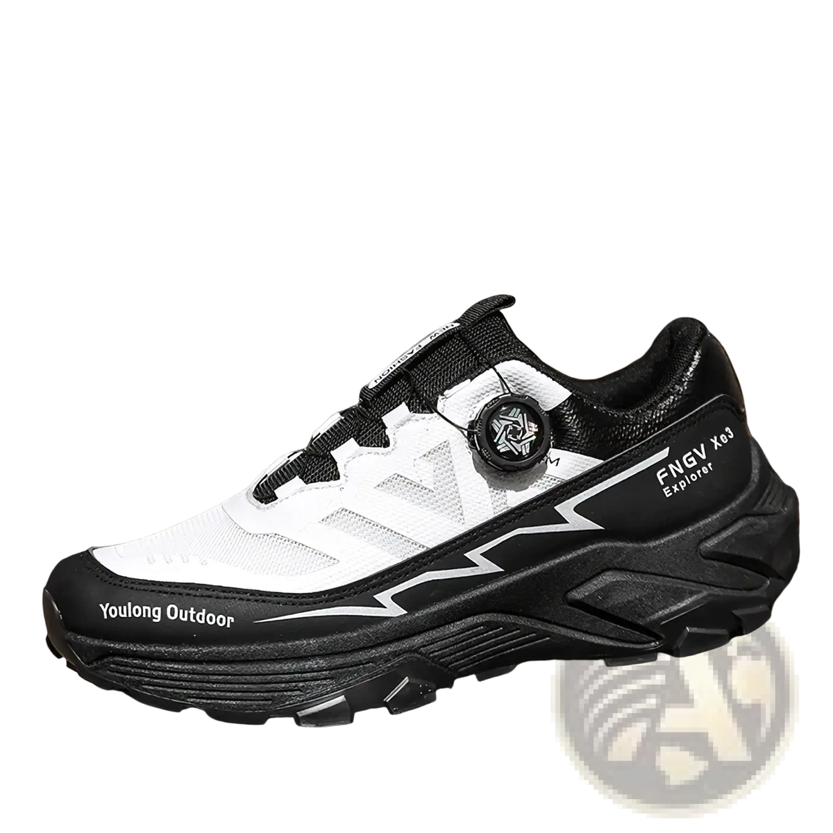 Men hiking shoes waterproof lightweight trekking sneakers in white and black with breathable mesh upper and rugged sole