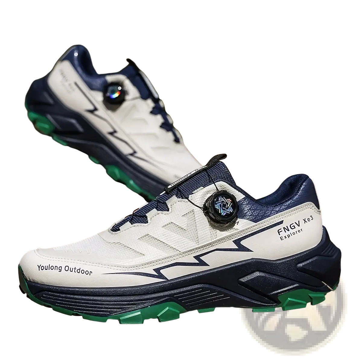 Men hiking shoes waterproof lightweight trekking sneakers in white navy blue with green accents and boa-style lacing by youlong outdoor