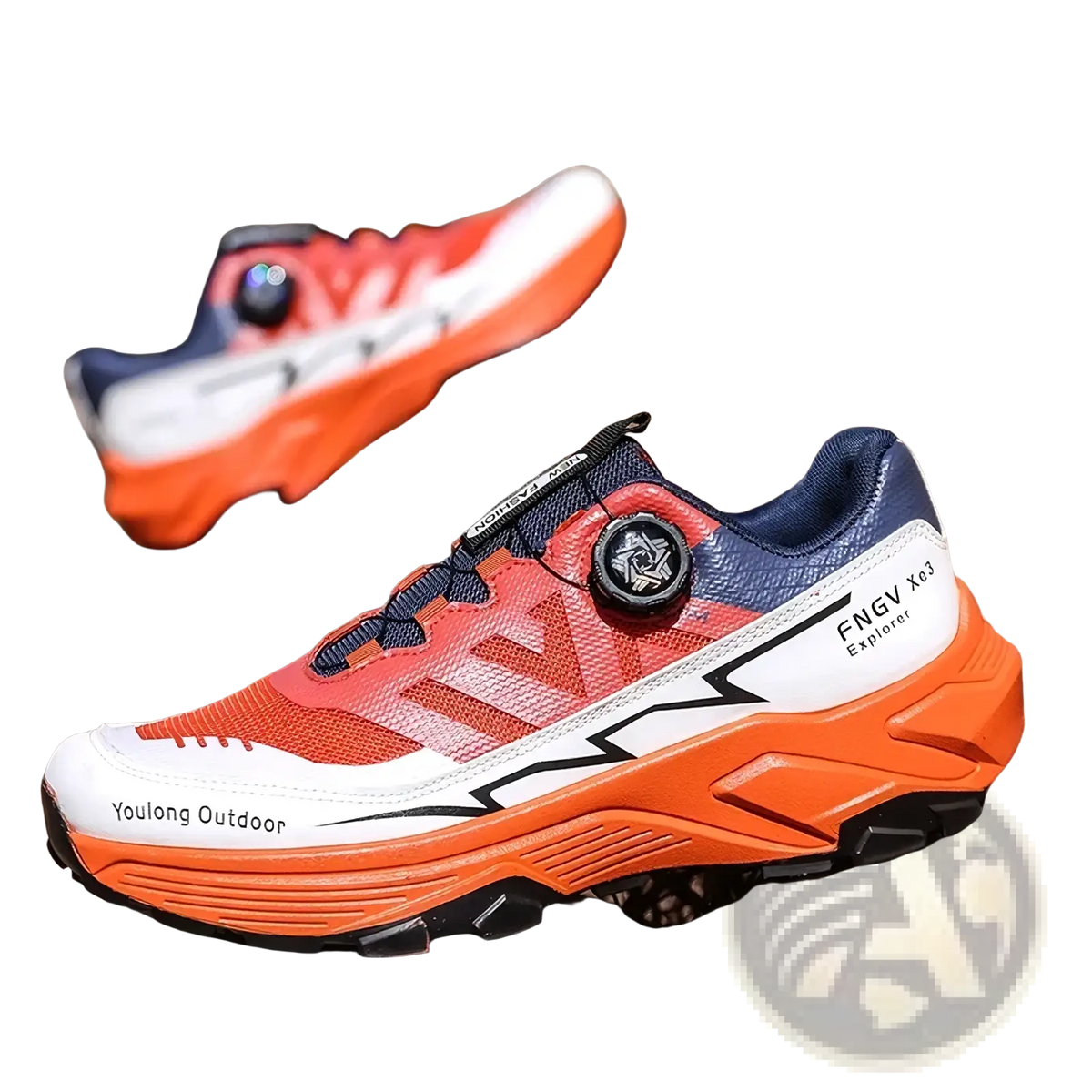 Bright orange and white men hiking shoes with navy blue accents and boa dial closure system for lightweight trekking