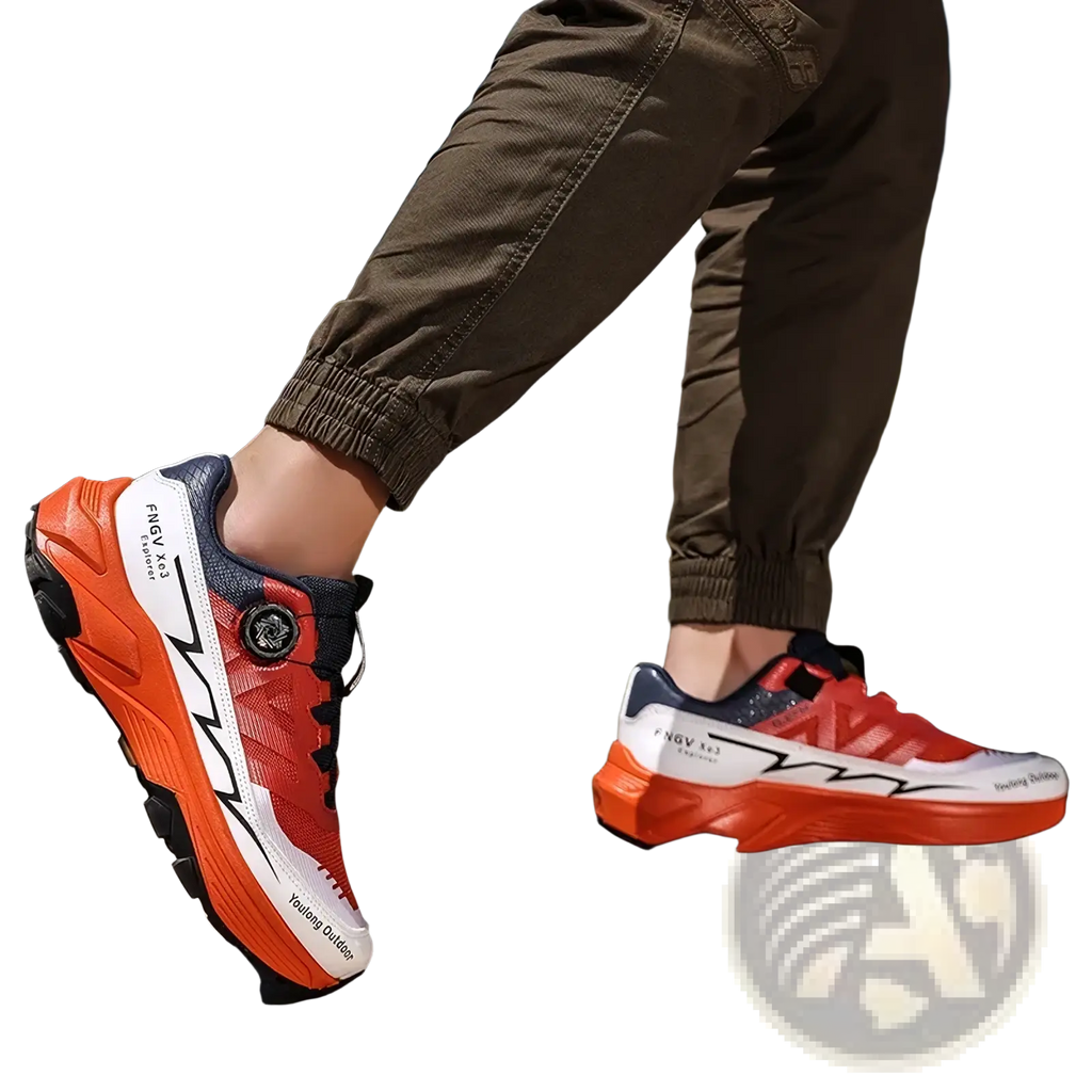 Men hiking shoes waterproof lightweight trekking sneakers in vibrant orange white with navy blue breathable mesh upper
