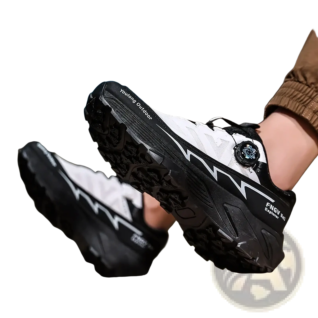Men hiking shoes waterproof lightweight trekking sneakers in white and black with rugged tread and bold lightning bolt design