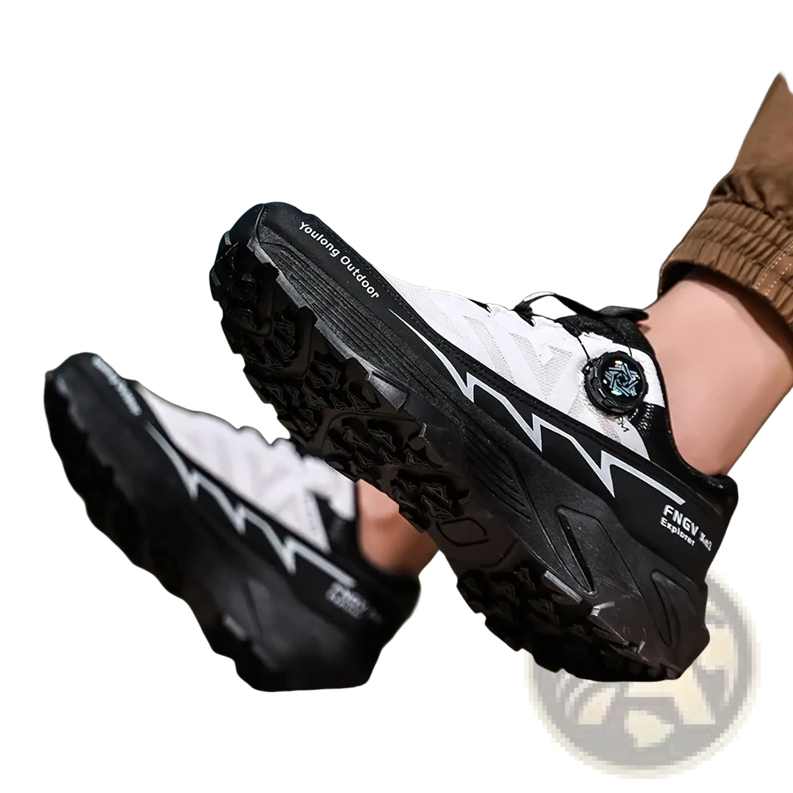 Men hiking shoes waterproof lightweight trekking sneakers in white and black with rugged tread and bold lightning bolt design