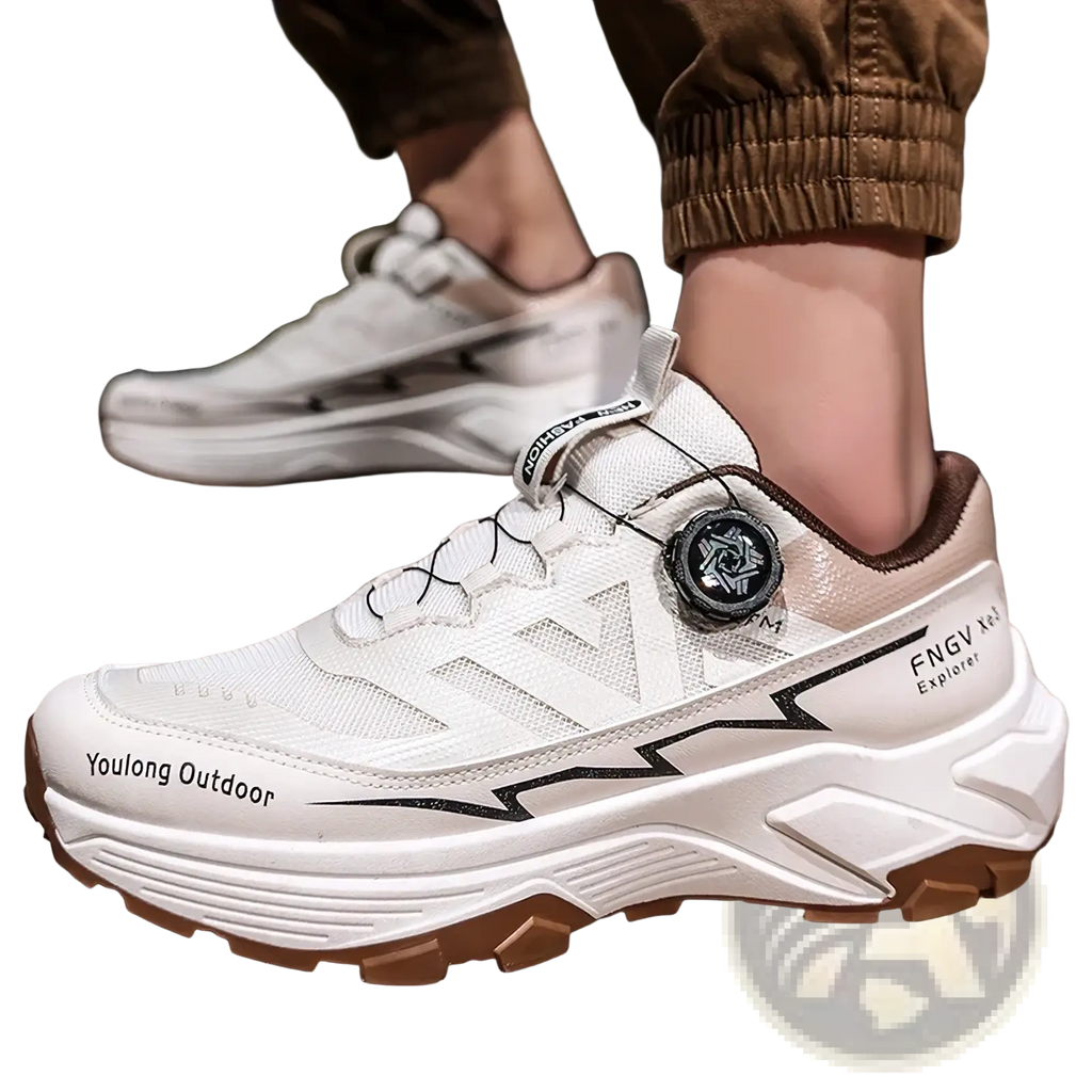 White and brown youlong men hiking shoes with waterproof mesh upper and chunky sole featuring black lightning bolt design