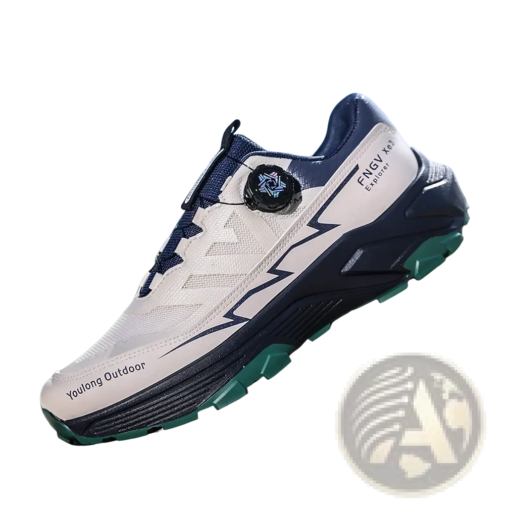 Men hiking shoes waterproof lightweight trekking sneakers in white navy blue with teal accents and breathable mesh upper