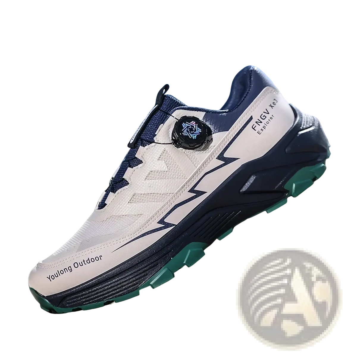 Men hiking shoes waterproof lightweight trekking sneakers in white navy blue with teal accents and breathable mesh upper