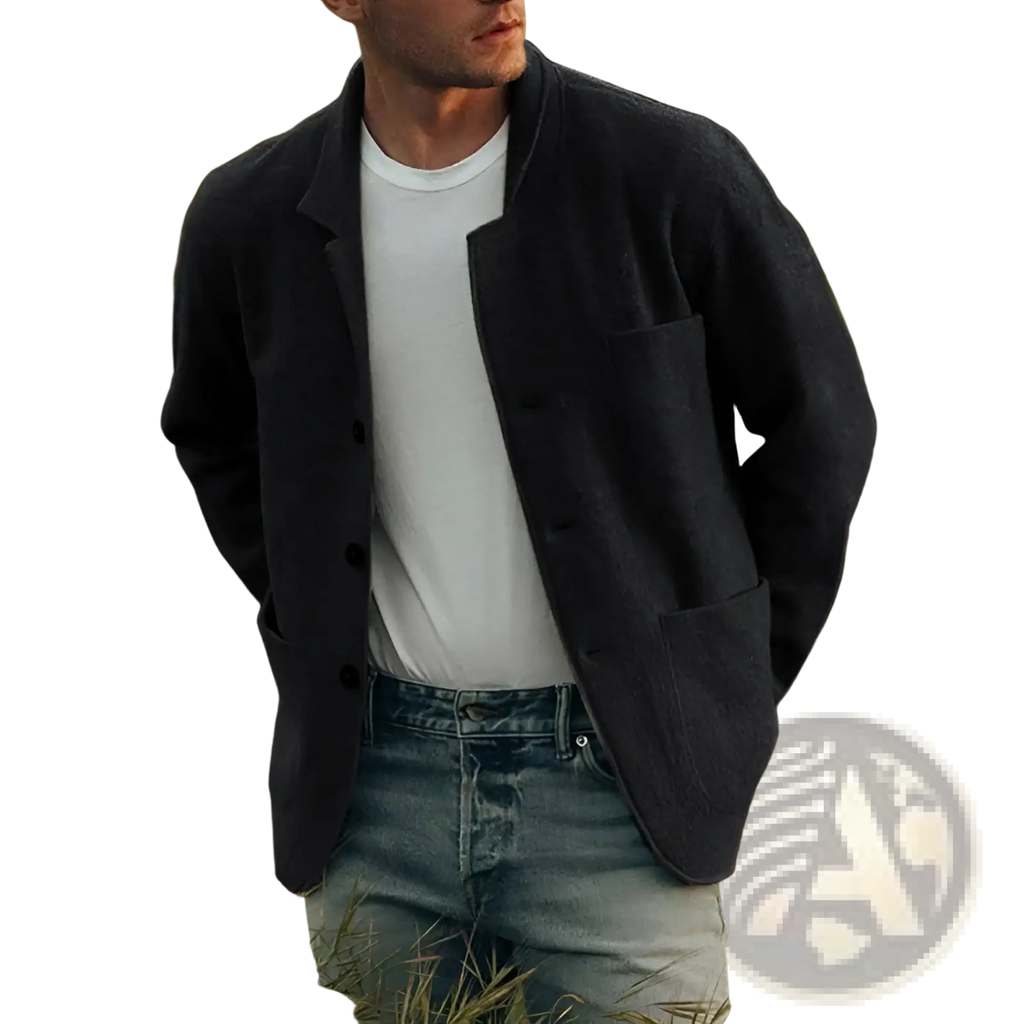 Men hip hop bomber jacket navy blue wool with dark gray linen blazer relaxed fit and two front pockets visible