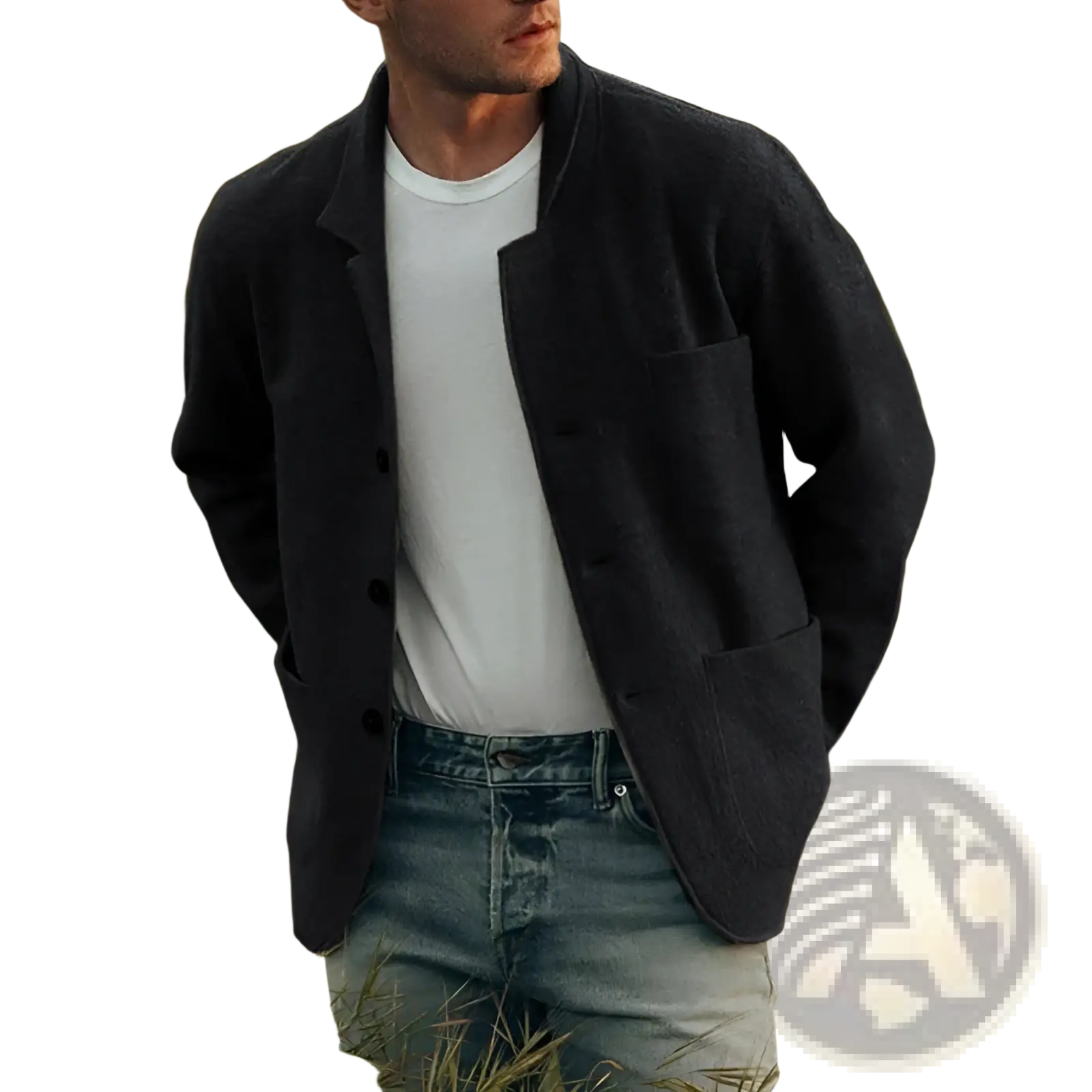 Men hip hop bomber jacket navy blue wool with dark gray linen blazer relaxed fit and two front pockets visible