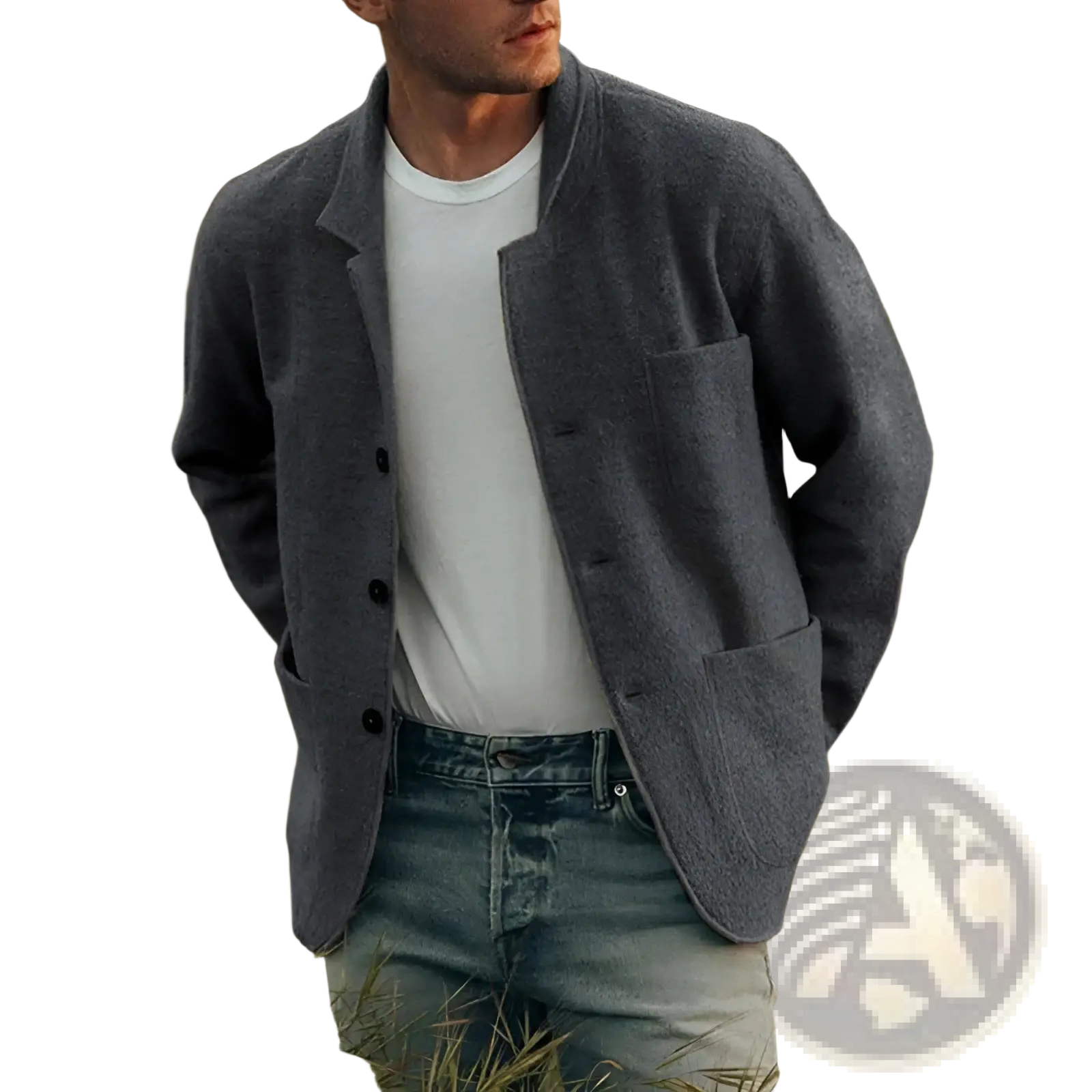 Men hip hop bomber jacket navy blue wool with gray woolen blazer styling black buttons and two front pockets