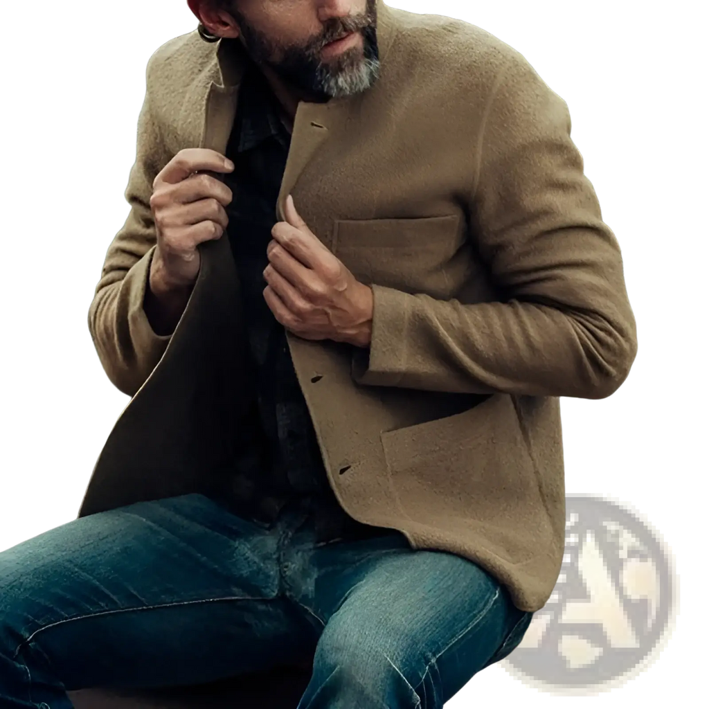 Tan wool blazer with classic fit and two front pockets paired with men hip hop bomber jacket navy blue wool