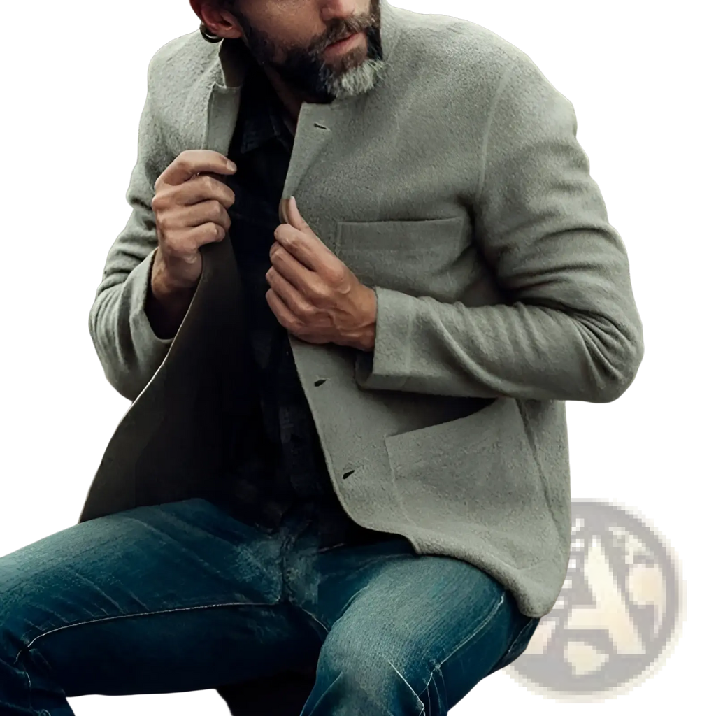 Light gray wool blazer with textured fabric classic collar and flap pockets for men hip hop bomber jacket navy blue wool product