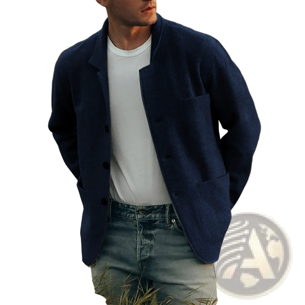 Men hip hop bomber jacket navy blue wool with textured fabric black buttons and flap pockets for stylish wear