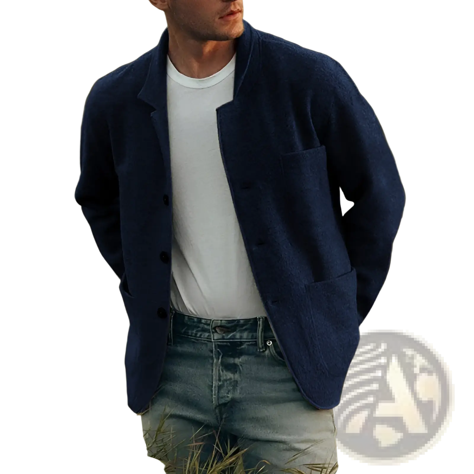 Men hip hop bomber jacket navy blue wool with textured fabric black buttons and flap pockets for stylish wear