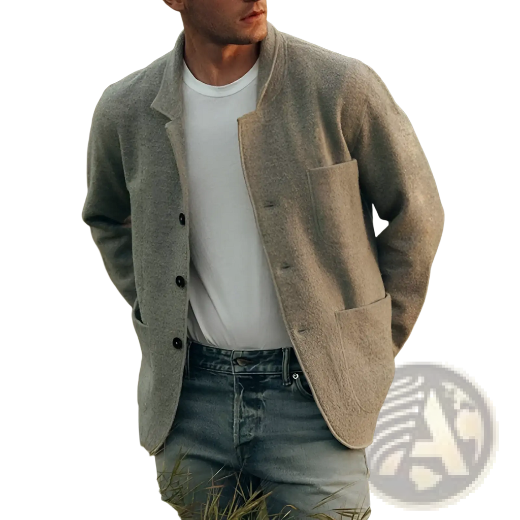 Men hip hop bomber jacket navy blue wool with a textured light gray wool blazer style and relaxed fit with dark buttons