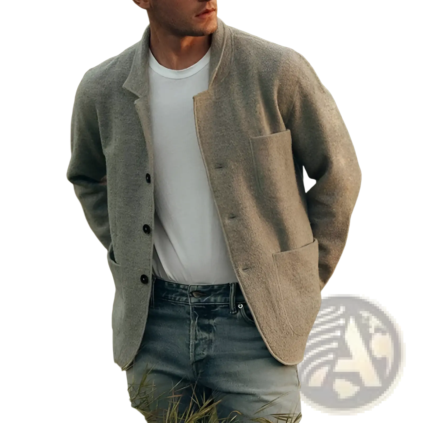 Men hip hop bomber jacket navy blue wool with a textured light gray wool blazer style and relaxed fit with dark buttons