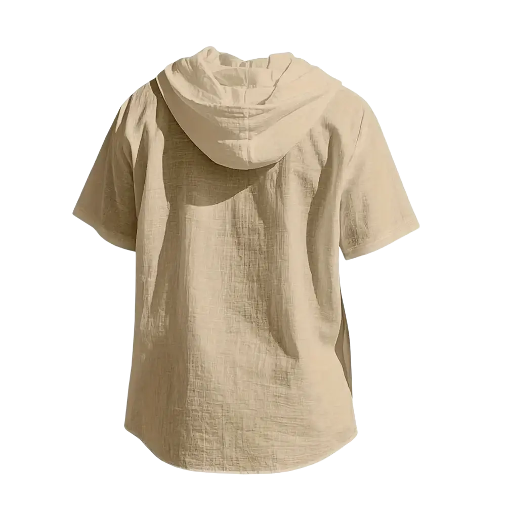Beige men hooded short cotton linen shirt with textured lightweight fabric for casual wear