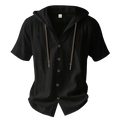 Men hooded short sleeve cotton linen shirt in black with silver buttons and drawstrings for casual wear