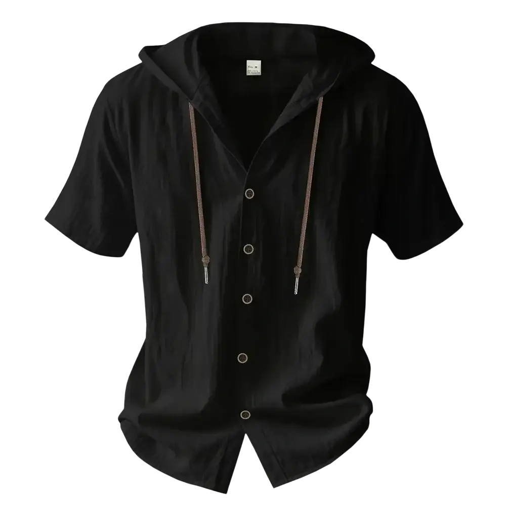 Men hooded short sleeve cotton linen shirt in black with silver buttons and drawstrings for casual wear