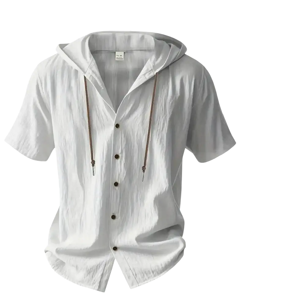 Men hooded short sleeve cotton linen shirt in white with relaxed texture and dark contrasting buttons for casual wear