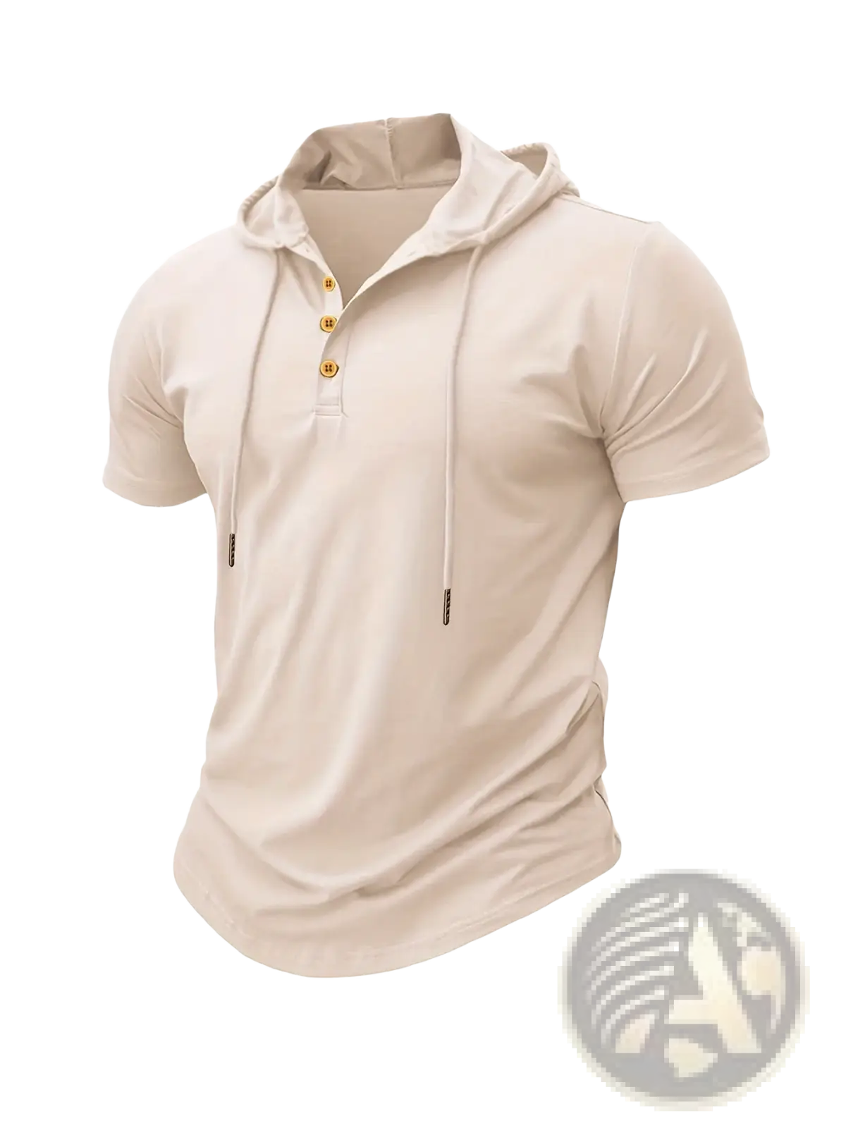 Beige men hooded fitness polo shirt with short sleeves gold-tone buttons and drawstrings quick dry gym top